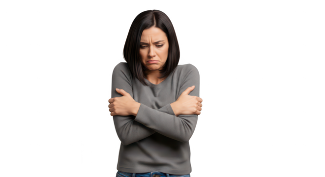 Woman hugging herself and looking sad, isolated on transparent background