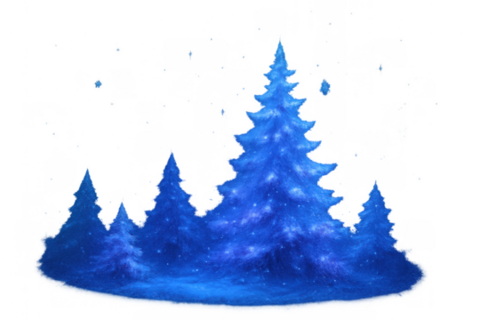 Blue winter forest with pine trees and falling snow, creating a festive holiday scene on transparent background