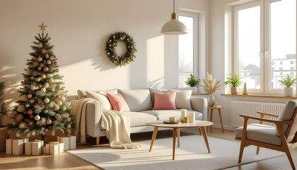 Obraz premium Modern apartment living room with pastel-colored Christmas decorations and clean design