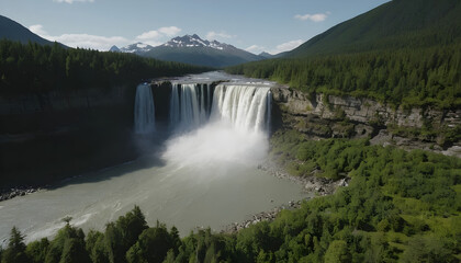 Aerial view of a wide waterfall cascading into a pool surrounded by lush green forest and mountains krimmler zone 