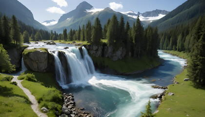 A scenic waterfall cascading into a river surrounded by lush green forest and distant snow capped peaks krimmler zone 