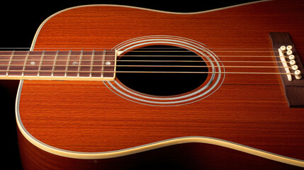 Obraz premium Close-up of Acoustic Guitar Body with Strings, Sound Hole, and Fretboard Details on Black Background, Musical Instrument Photography