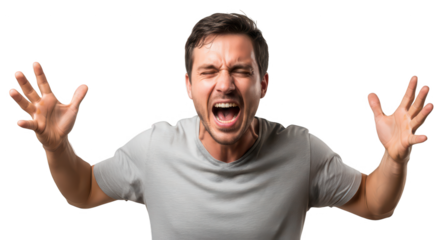 Man screaming with hands up in the air, isolated on transparent background