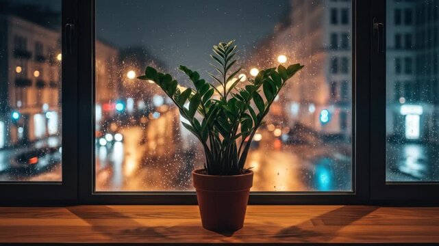 Indoor ZZ plant on window sill, city lights blurred through rainy night glass.