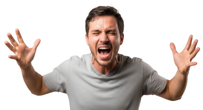 Man screaming with hands up in the air, isolated on transparent background