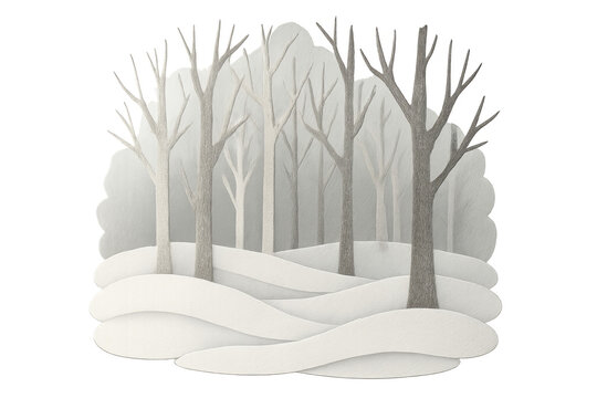 Winter forest paper cut illustration creating a snow drift landscape with bare trees and white hills on transparency