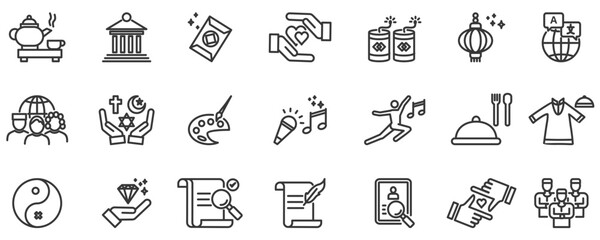 Culture web icon set in line style with icon of tradition, heritage, custom, belief, ceremony, festival, language, ethnicity, religion, art, music, dance, cuisine, clothing, symbol, value, norm