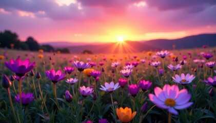 Fototapeta premium Sunset paints violet and pink hues across blooming wildflowers in a serene meadow , clouds, vibrant