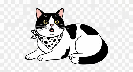 Cute Black and White Cat Illustration - Lying Down with Bandana (Transparent PNG)