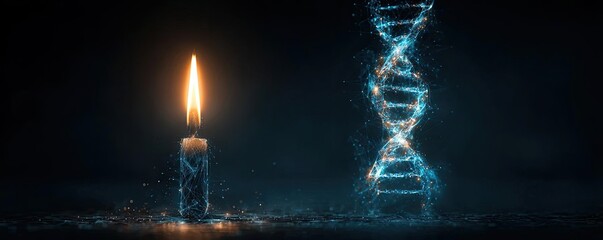 Candle flames glowing brightly in elements concept. A candle beside a glowing DNA strand symbolizing life and discovery.
