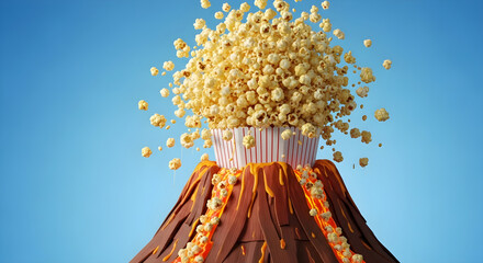 Popcorn volcano eruption against blue background