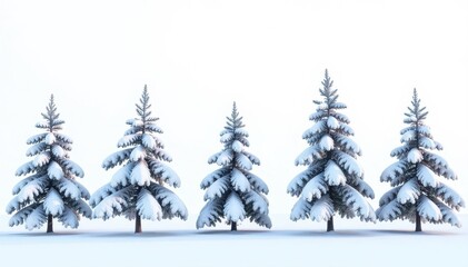 Fototapeta premium Row of slender, snow-laden trees against a bright, seamless white backdrop , minimalist, background, backdrop