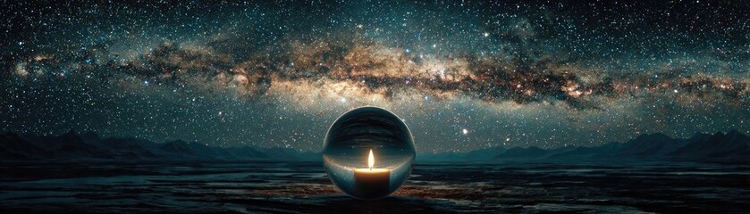 Candle flames glowing brightly in elements concept. Stunning view of the cosmos with a glowing orb under a dark sky.