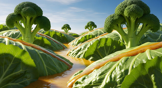 Surreal broccoli plants in a cabbage patch with a river
