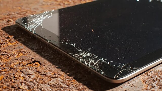 Close up of a broken tablet with a shattered screen lying on a rusty metal surface Damaged modern technology on an old textured background illustrating repair