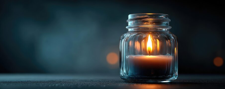 Clear glass candle jar with container burning concept. A glowing candle in a jar provides warm ambiance and tranquility.