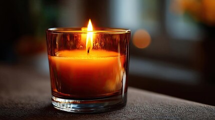 Clear glass candle jar with container burning concept. Relaxing ambiance created by a glowing candle in a glass holder.