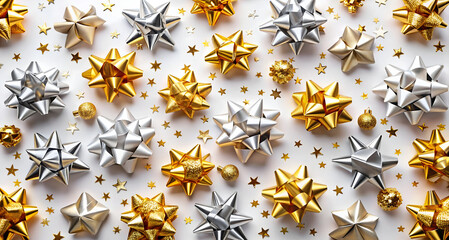 Golden and white ribbon bow with little sparkles in bokeh. Festive and Holiday concept.