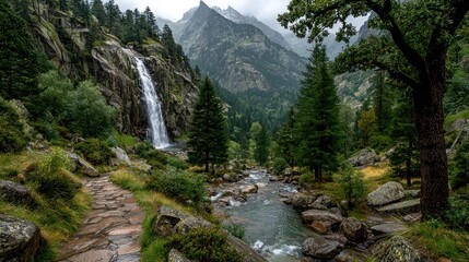 Majestic waterfall cascades down mountain, surrounded by lush forest