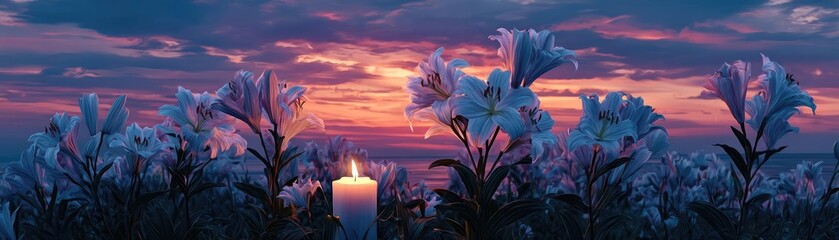 Fototapeta premium White lilies and candle at funeral sunset concept. A serene sunset with flowers and a glowing candle in the foreground.