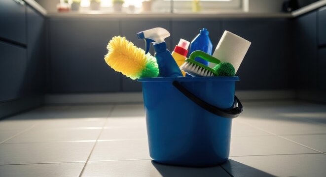Blue plastic bucket filled with cleaning supplies in a kitchen
