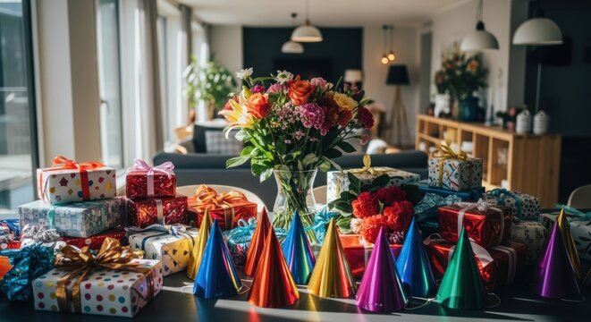 Birthday gifts and party hats on a table