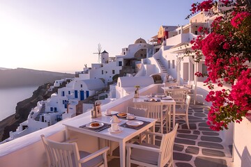 Santorini Oia terrace with tables set for breakfast and vibrant pink bougainvillea flowers against whitewashed village