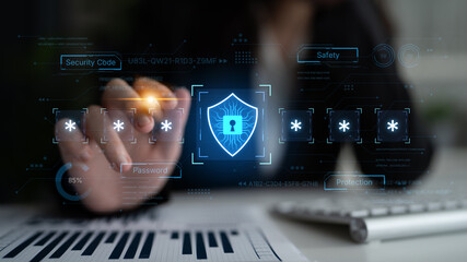 A concept of an advanced cybersecurity system. The futuristic interface shows a multi-factor authentication process using a secure password or PIN for enhanced data protection. Fermion