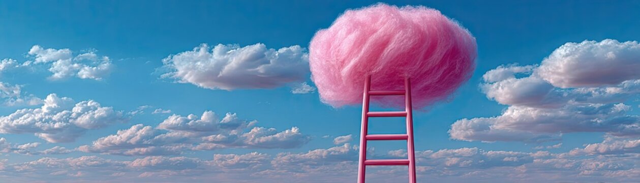 Colorful cloud atop pink ladder in blue backdrop concept. A pink ladder reaching toward a fluffy, pink cloud in the sky.