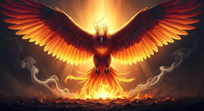 Phoenix bird rising from glowing ashes symbolizing rebirth immortality and renewal