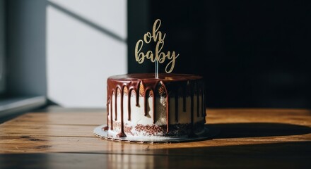 Chocolate drip cake with "Oh Baby" topper on a wooden table