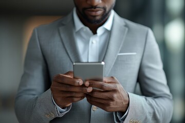 African American businessman in a suit intently typing and scrolling on a smartphone. Concept of modern communication and technology