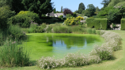 Obraz premium Picturesque English Countryside Scene with Pond, Wildflowers, Lush Greenery, and Traditional Cottage in the Background on a Sunny Day