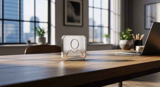 Clear acrylic person icon on a light wooden desk in a bright modern office