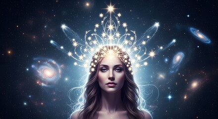Mystic woman wearing crown of stars symbolizing celestial wisdom and feminine divinity