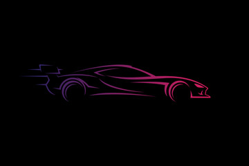 Naklejka premium Sleek Sports Car Silhouette with Neon Purple and Pink Lighting on a Black Background - Futuristic Vehicle Design