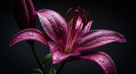 Close-up of a deep purple lily with water droplets