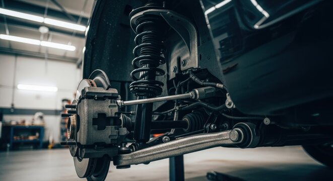 Close-up of a car's undercarriage suspension system
