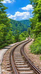 Fototapeta premium Scenic Railway Tracks Curving Through Lush Green Forest on a Sunny Day with Blue Sky and White Clouds, Serene Nature Landscape, Travel and Transportation