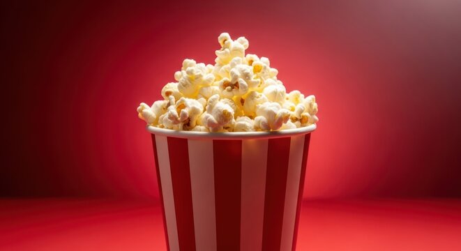 Popcorn in a red and white striped container against a red background
