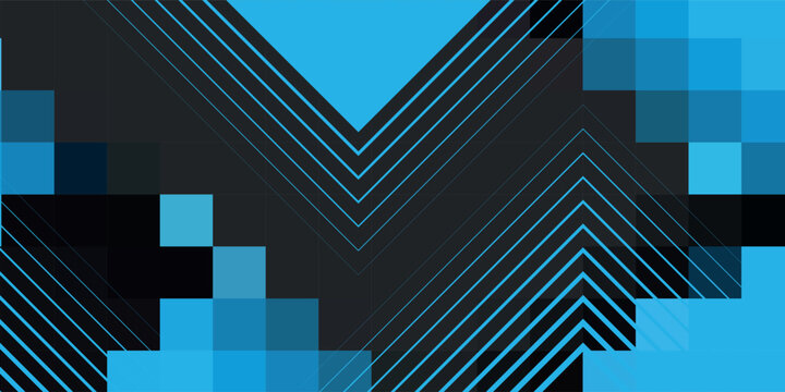 Abstract blue and black geometric background with pixelated patterns and chevron lines.