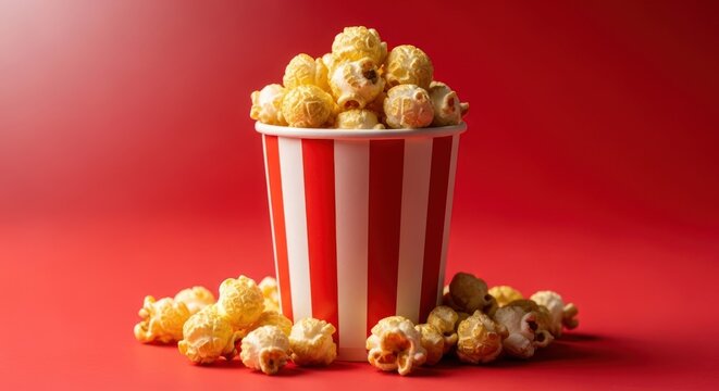Popcorn in a striped paper cup on a red background
