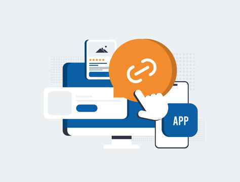 Deep linking with mobile app and web navigation for seamless user flow and conversion. Deep linking with universal links and url redirect for cross platform engagement vector illustration