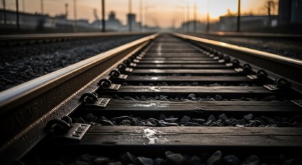 Railroad tracks extending into a hazy sunset.  Perspective focuses on the close-up of the rails and ties, with distant city backdrop