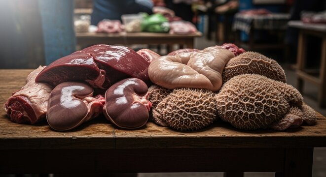 Raw meat variety on wooden table