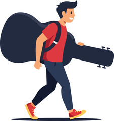 Fototapeta premium Musician Man With Guitar Case Walking Flat Vector Illustration