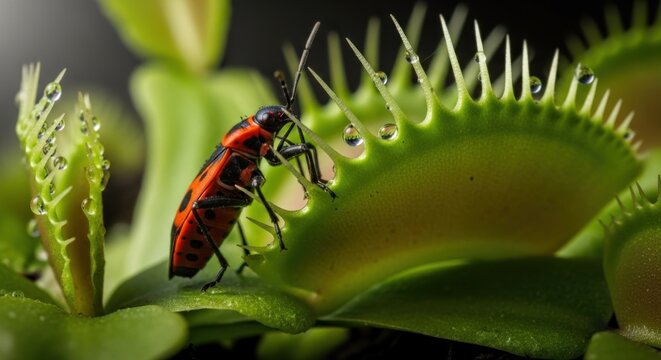 Red insect on a Venus flytrap leaf