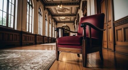 Red armchair in grand hallway with ornate wooden details