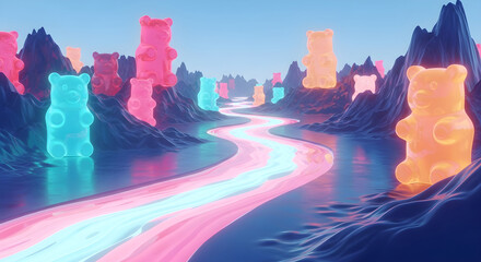 Obraz premium Surreal gummy bear landscape with candy river