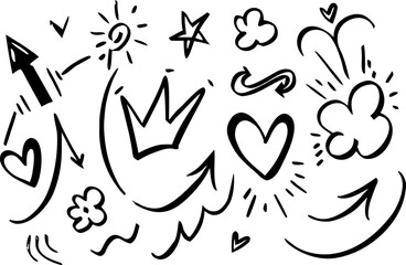 Playful doodle vector collection featuring hearts, crowns, arrows, and stars in sketchy style, creative hand-drawn design elements for cute, decorative, and artistic composition themes